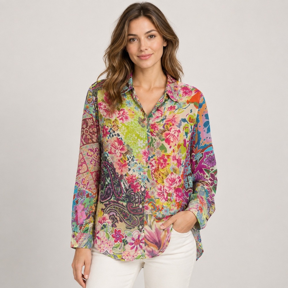 Johnny Was Button Down Shirt Floral Paisley Patchwork Cupra Rayon Boho Size M